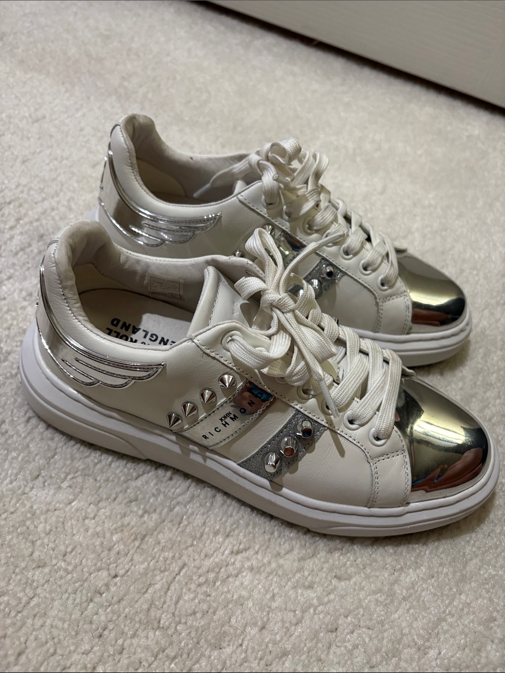 Richmond White Sneakers with Silver Metallic Toe and Stud Details